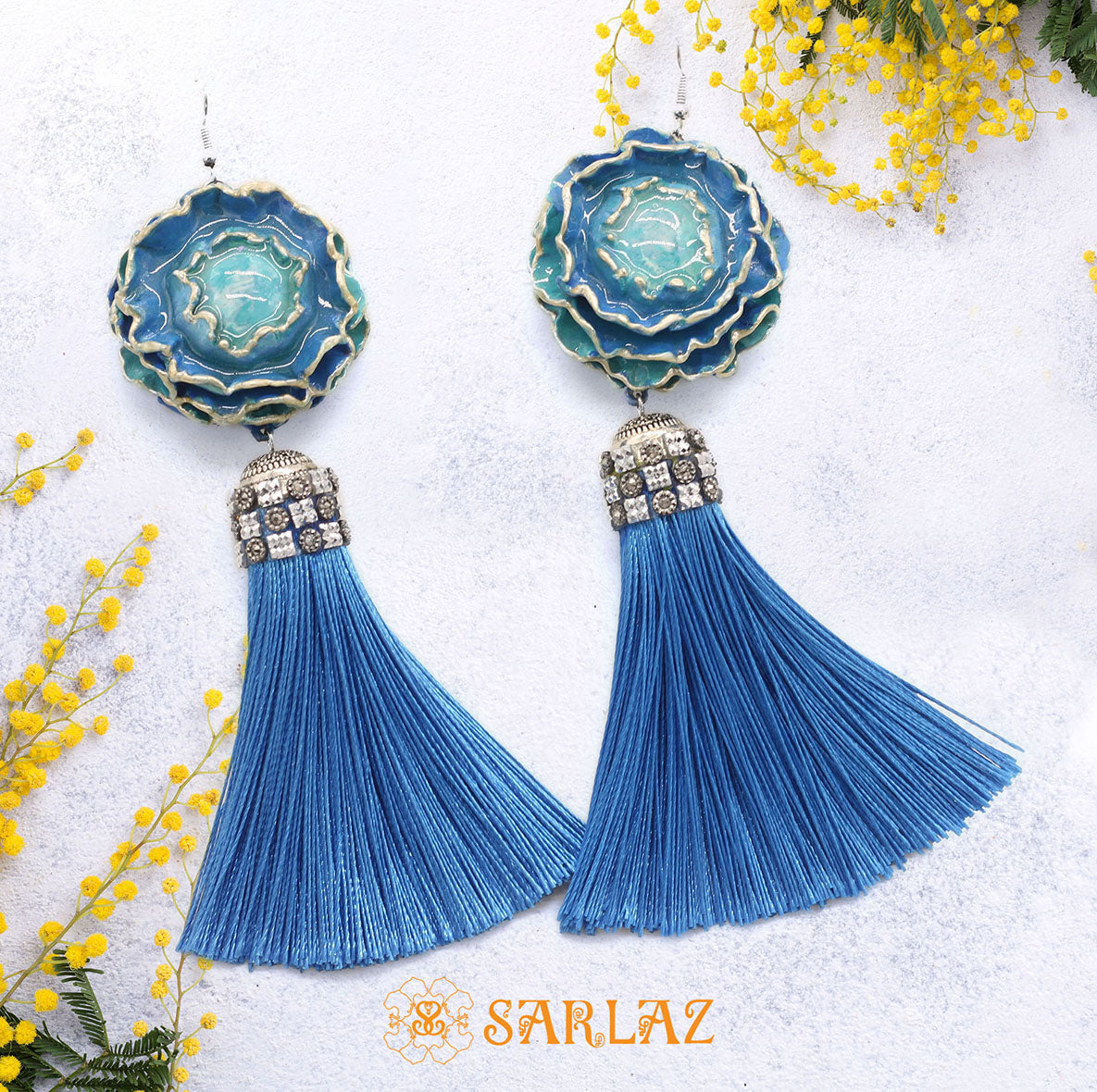 Stately Blue Flower Statement Earrings - Tassel Earrings