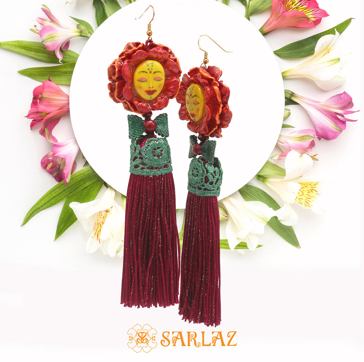 Winola Flower Statement Earrings — Face Earrings — Shimmer Tassel