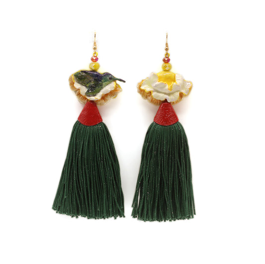Bird and Flower, Tassel earrings, Big earrings, and lightweight earrings