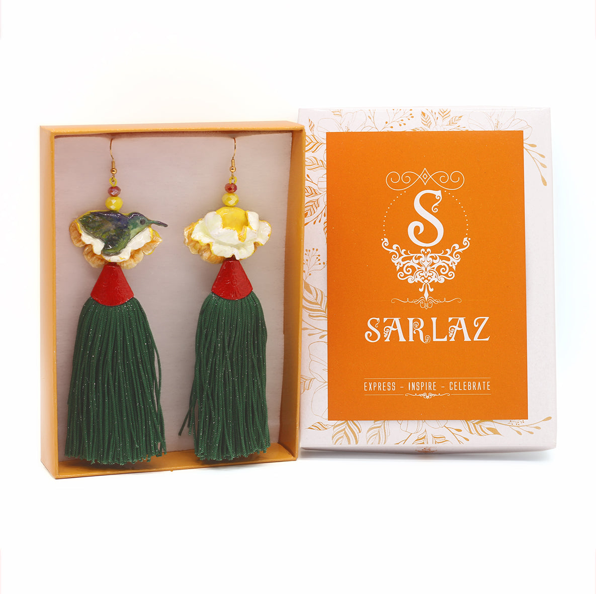 Bird and Flower, Tassel earrings, Big earrings, and lightweight earrings