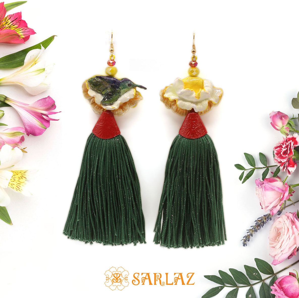 Amara Flower Statement Earrings — Shimmer Tassel — Bold earrings