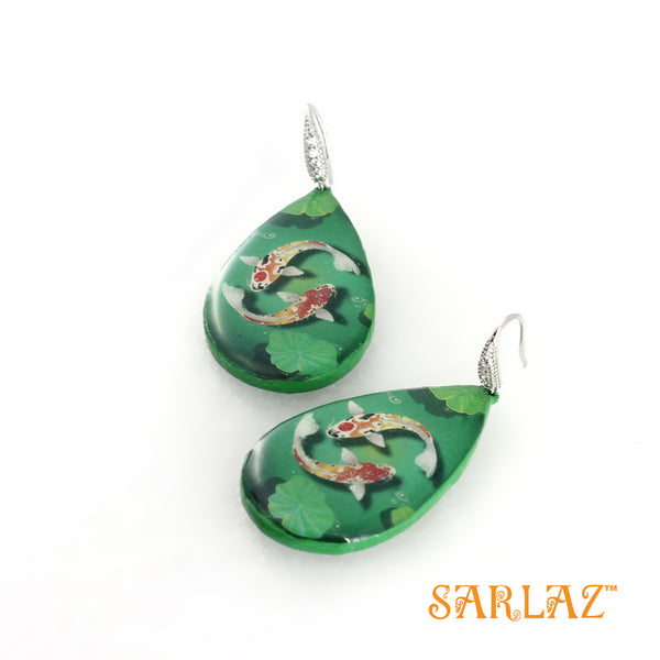 Green Koi Fish Earrings — Animal Theme Statement earrings