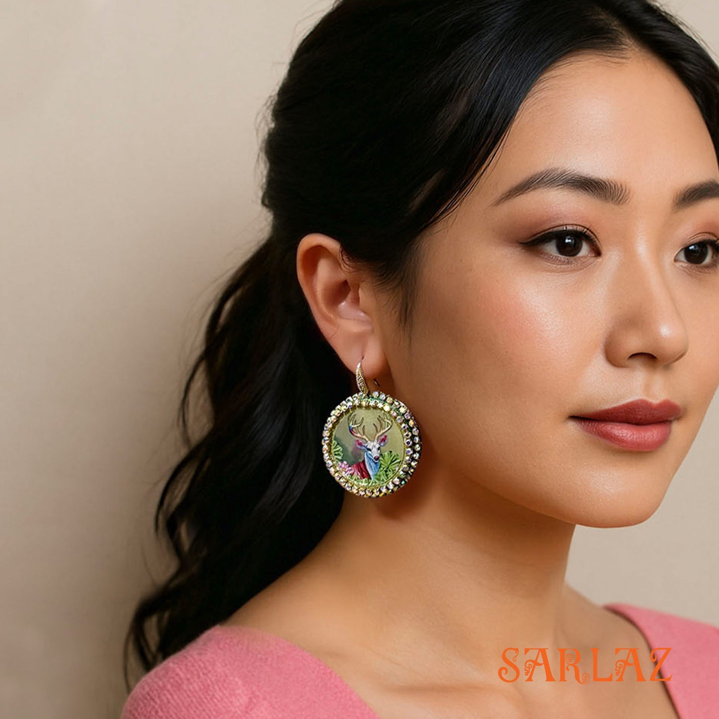 Harina — Rhinestone Embellished Circle setting — Deer Art earrings