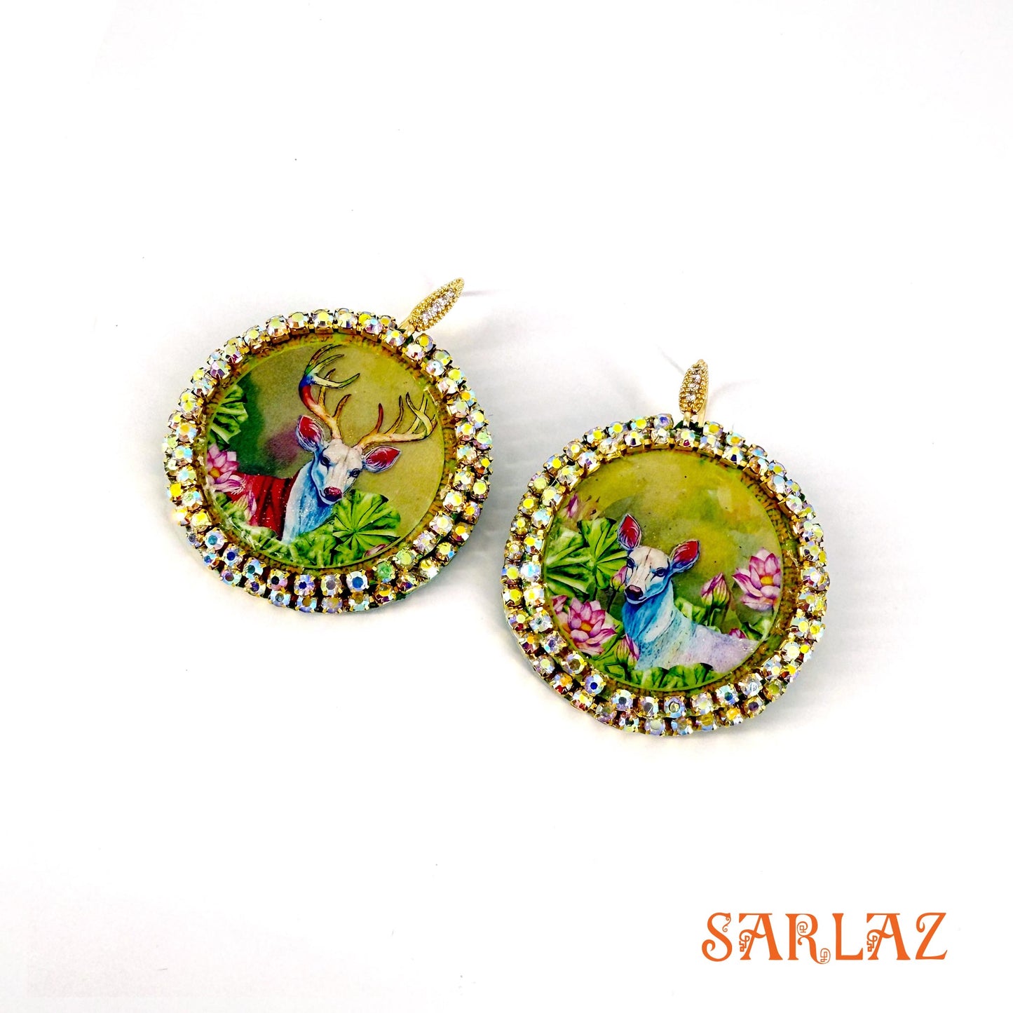 Harina — Rhinestone Embellished Circle setting — Deer Art earrings