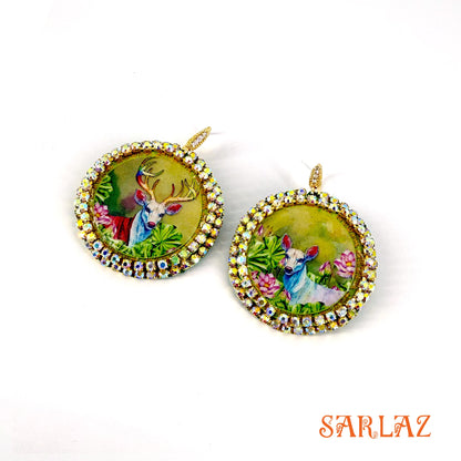 Harina — Rhinestone Embellished Circle setting — Deer Art earrings