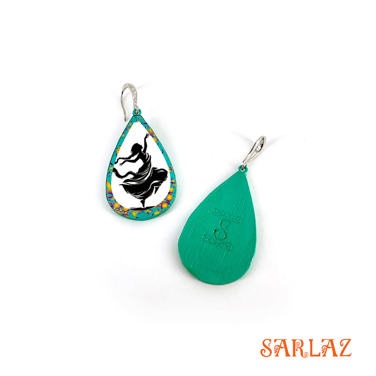 Teardrop-shaped earrings with one featuring a black silhouette design and the other green, on a white background with 'SARLAZ' branding.