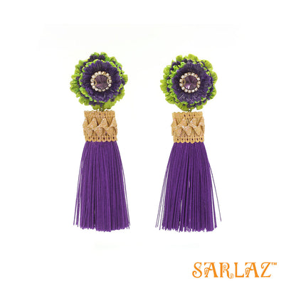 Zingy Purple Flower Statement Earrings - Tassel Earrings