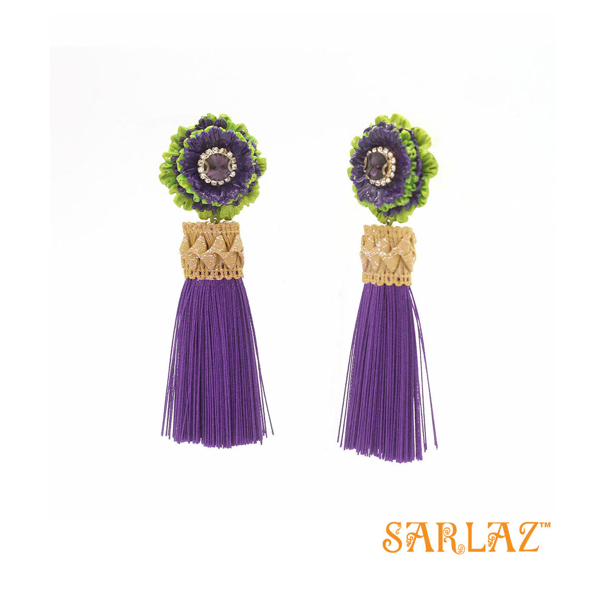 Zingy Purple Flower Statement Earrings - Tassel Earrings