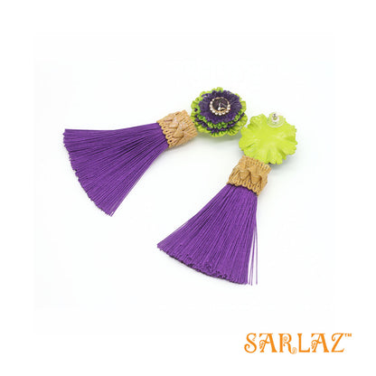 Zingy Purple Flower Statement Earrings - Tassel Earrings