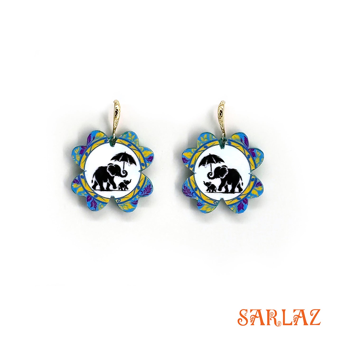 Pair of earrings with mother elephant holding umbrella for her baby, design on a white background, featuring the brand 'SARLAZ'.
