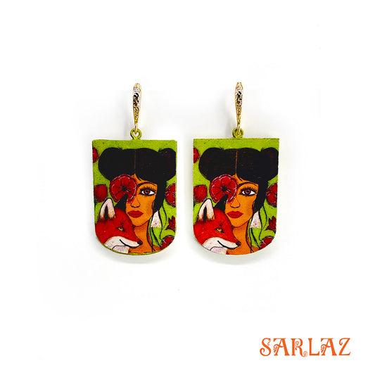 Set within a serene green, a fox and her companion stand among blooming florals, a whimsical scene of self-discovery, branded Sarlaz.