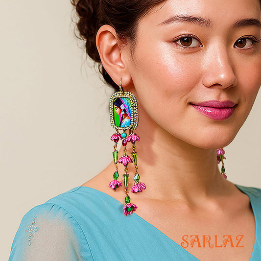 Timeless Poise — Floral Tassel Frame — Woman Art Earrings