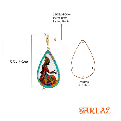 Teardrop-shaped earring with colorful design and gold hooks, featuring dimensions and SARLAZ branding.