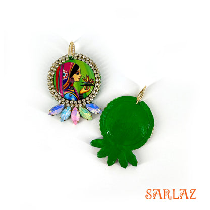 Verdant Wonder — Embellished Circle Frame — Woman Art Earrings