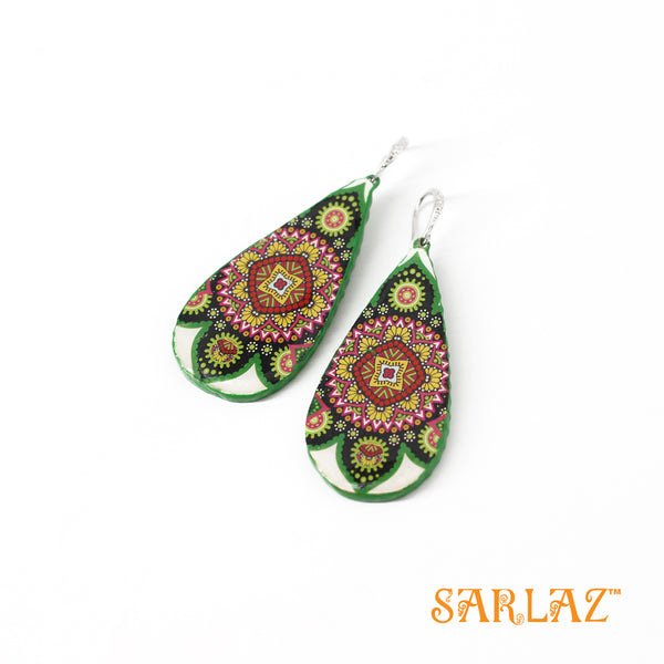 Winika white base green floral earrings — Pattern theme jewellery
