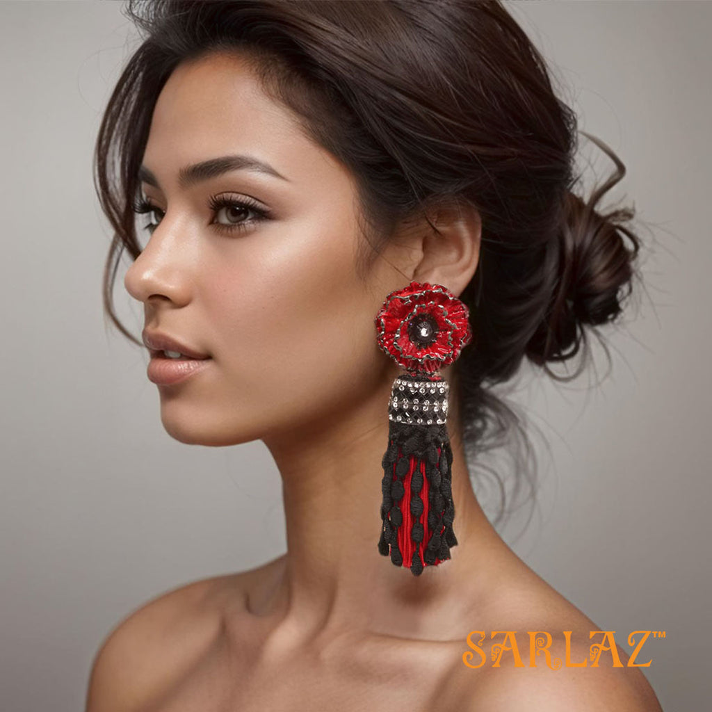 Crystal Dangle Floral Gold Beaded with Red Feather Earrings 240-2 | Er –  Erika Williner Designs