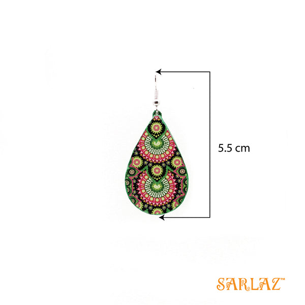 Emica Black, green, centre circle mandala design earrings — Pattern theme jewellery
