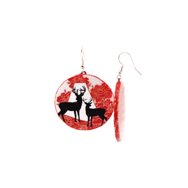 Red floral Satomi Deer earrings — Animal Theme Statement earrings — Heart to heart