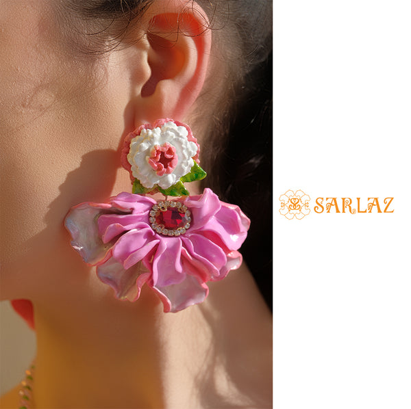 Classy Pink Flower Earrings -  Floral earrings - Floral Statement earrings
