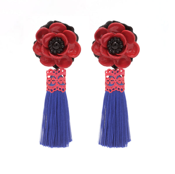 Red Flower, blue Tassel earrings Bold and lightweight earrings