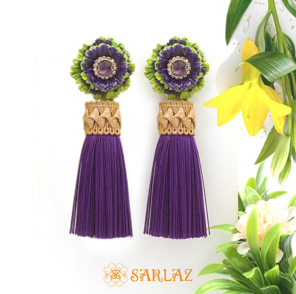 Zingy Purple Flower Statement Earrings - Tassel Earrings