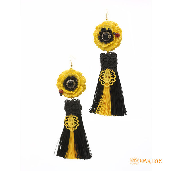Sassy Yellow Statement Flower Earrings with a ladybug on the flower. One of a kind - Lightweight and comfortable to wear.