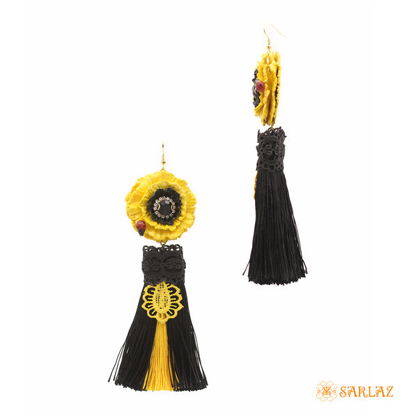 Sassy Yellow Statement Flower Earrings with a ladybug on the flower. One of a kind - Lightweight and comfortable to wear.