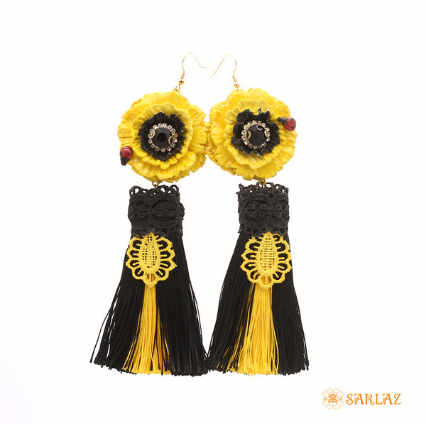Sassy Yellow Statement Flower Earrings with a ladybug on the flower. One of a kind - Lightweight and comfortable to wear.