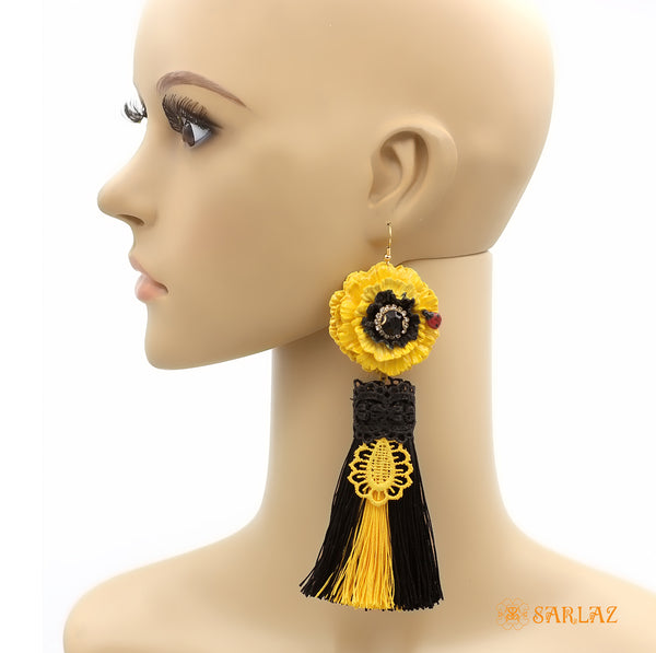 Sassy Yellow Flower Statement Earrings — Tassel Earring