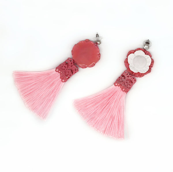Stasia Pink Flower Statement Earrings - Tassel Earrings