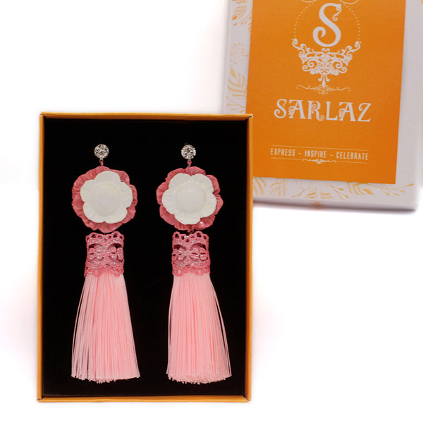 Stasia Pink Flower Statement Earrings - Tassel Earrings