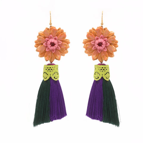 Flower, Tassel earrings, Big earrings, Bold and lightweight earrings