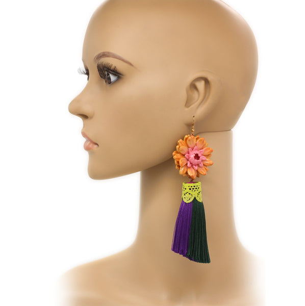 Flower, Tassel earrings, Big earrings, Bold and lightweight earrings