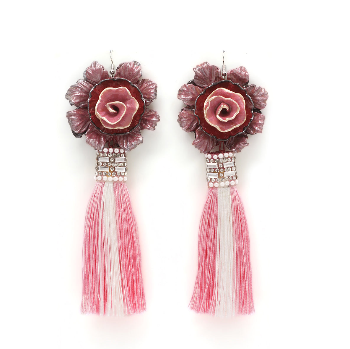 Pink and white Flower, Tassel earrings, Big earrings, Bold and lightweight earrings