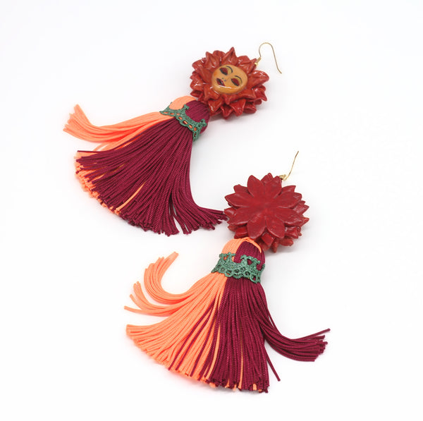 Face earrings, Orange and red Flower, Tassel earrings, Big earrings, Bold and lightweight earrings