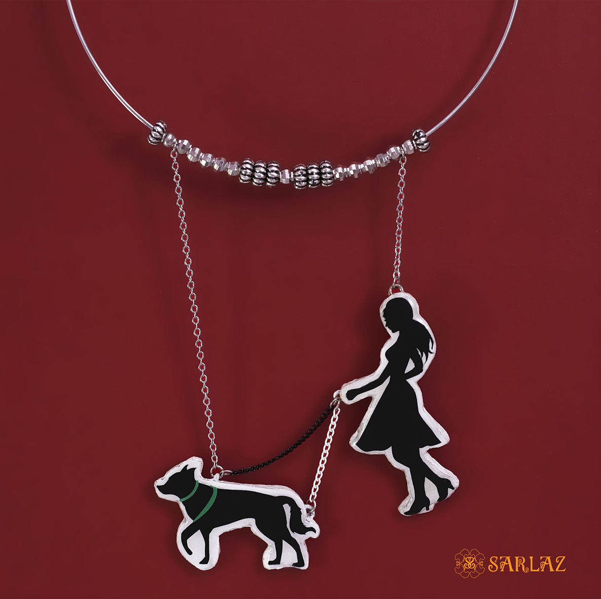 Dog art Girl walking Dog necklace, Whimsical dog lover necklace. Bold dog themed necklace by SARLAZ