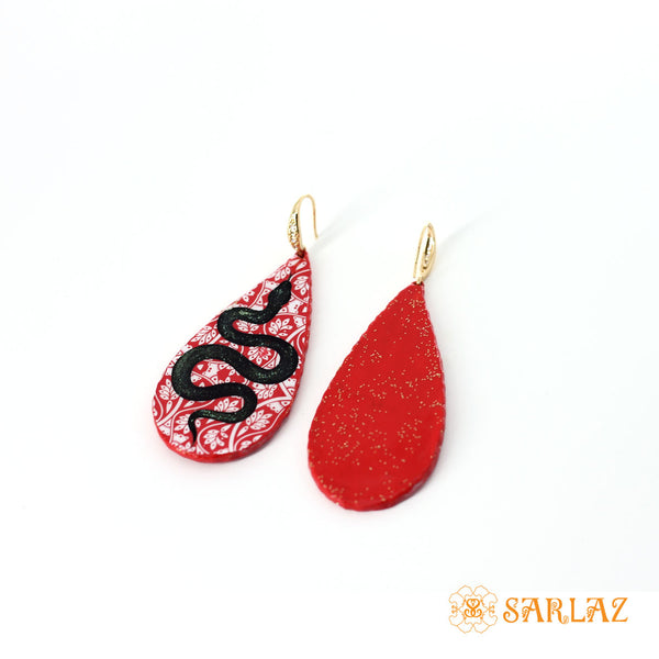 Red and Black snake earrings — Animal Theme Statement earrings — Heart to heart